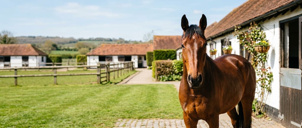 A bay horse standing on the yard on a bright morning, stables and paddock behind.